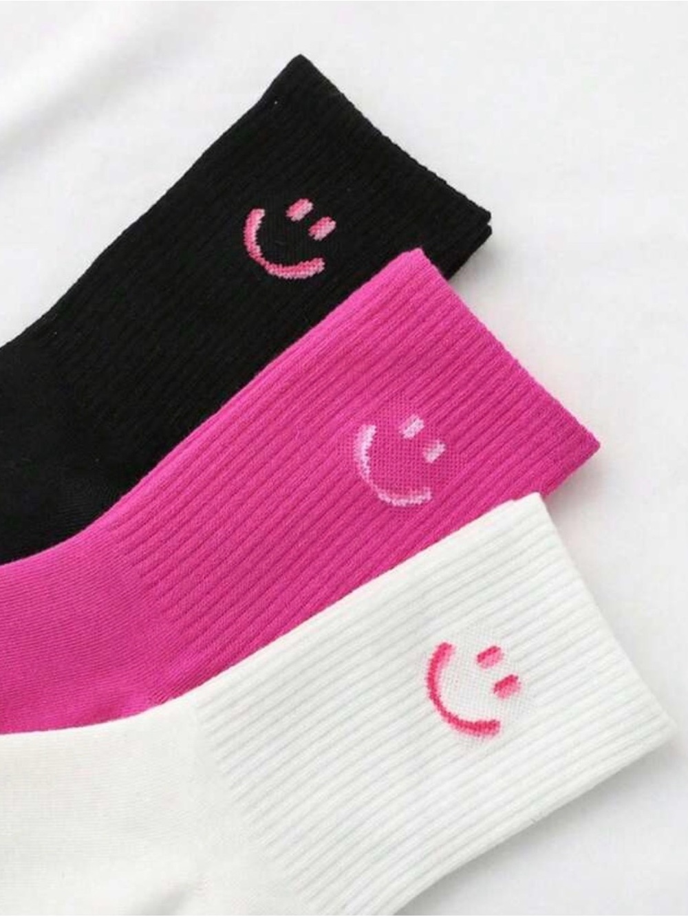 Smiley Crew Socks - Black, Pink & White (3-Pack)